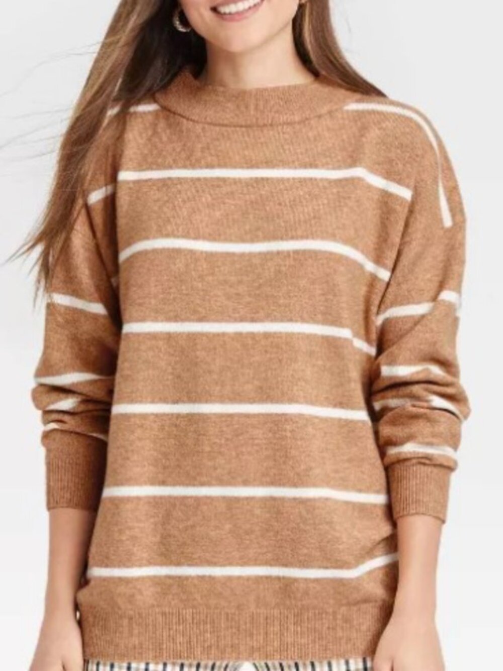 A NEW DAY Slouchy Mock Neck Turtleneck Pullover Sweater Tan Brown White Striped